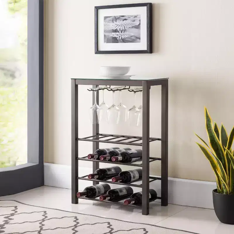 Kings Brand Furniture Freestanding Floor Wine Rack Storage Table, Hold 20 Bottles with Glasses Holder (Pewter)