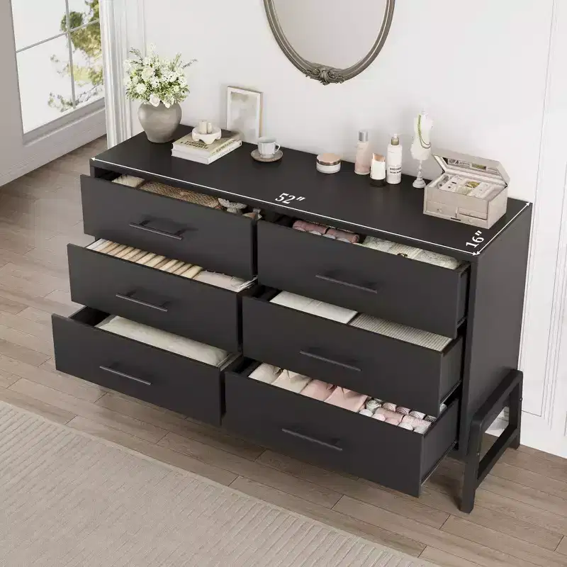 6 Drawer Dresser for Bedroom, 52W Wooden Chest of Drawers with Metal Legs, Clothes Storage Organizer, Dresser TV Stand for Hallway