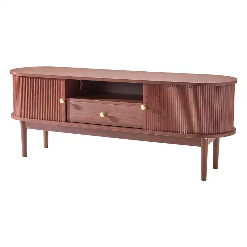 Mid-Century TV Stand for 58 in TV with Drawer Open Shelves Rolling Door Brown