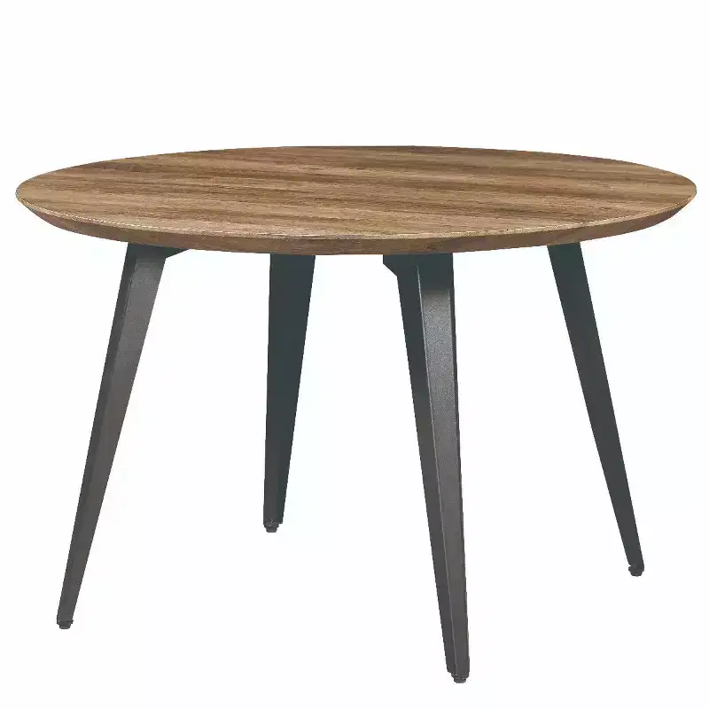 LeisureMod Ravenna 47-inch Round Wood Dining Table, 4 Person Kitchen Table, Modern Black Metal Tapered Legs, Perfect for Bistro Nooks & Restaurants