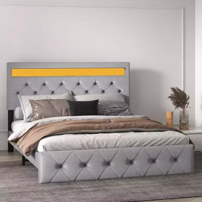 Upholstered Platform Bed Frame with Lighted Headboard and USB Charging Port