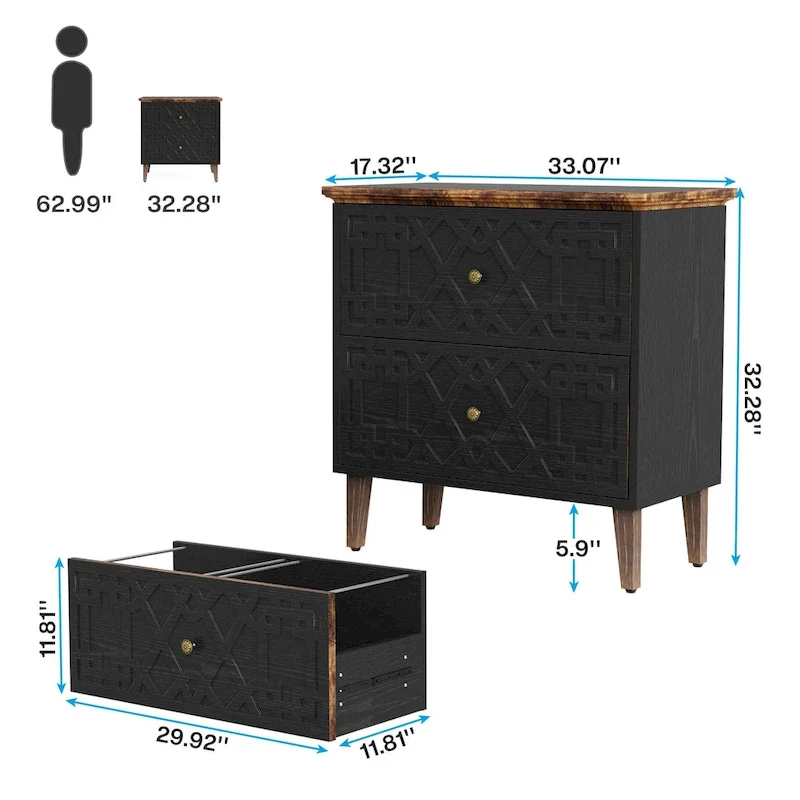 Lateral File Cabinet, 2 Drawer Filing Cabinet, Black Wood Storage Cabinet