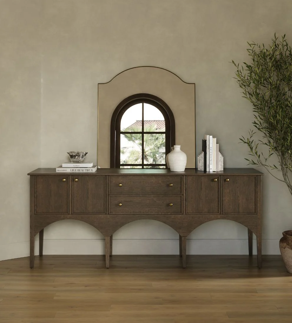 Buffet Espresso ¨C 84 Wide Espresso Oak Buffet with Sculpted Doors, Brass Hardware, Generous Concealed Storage for Dining Room, 84W x 21D x 34H