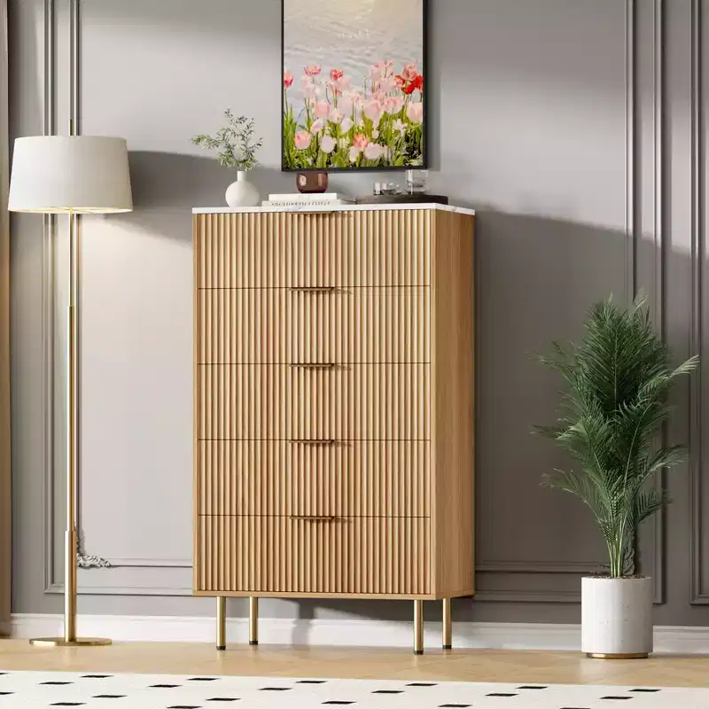 Garvee Fluted Wood Dresser 5 Drawers Dresser for Bedroom, Modern White Tall Dresser with Gold Handle, Wood Drawer Organizer for Living Room, Hallway