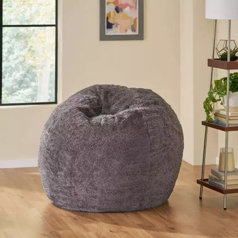34 Inch Modern Glam Faux Fur Winter Bean Bag, Brown and Beige