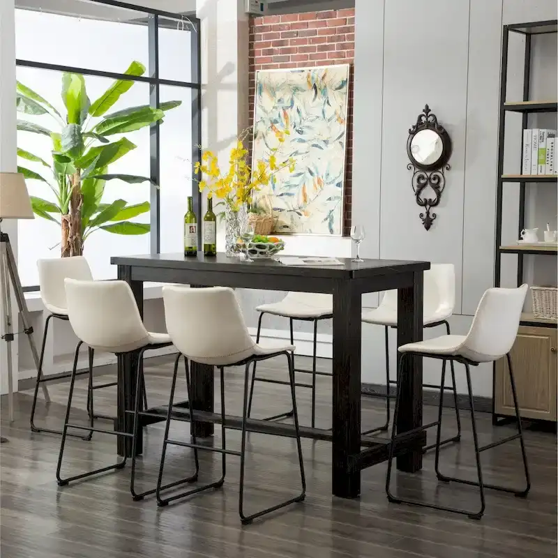 Roundhill Furniture Lotusville 7-PC Antique Black Wood Table with Faux Leather Barstools