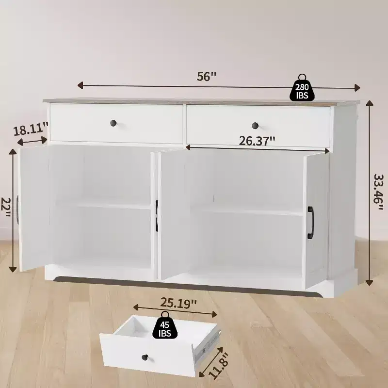 56 Farmhouse Buffet Cabinet - Storage Sideboard with Drawers, Adjustable Shelf & Barn Doors,White