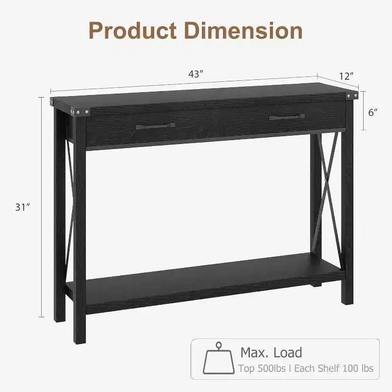 Black Farmhouse Console Table with 2 Drawers & Bottom Shelf, 1-Piece