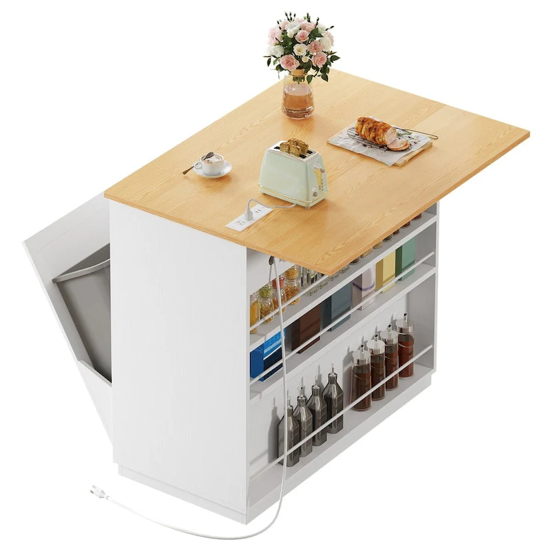 Kitchen Island Drop Leaf with Double Tilt Out Trash Cabinet