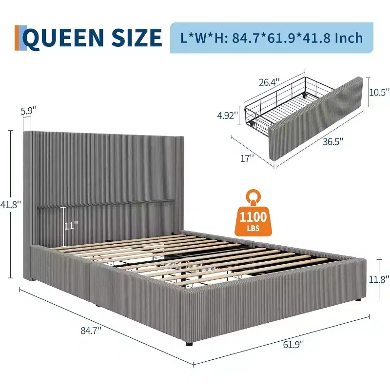 DobleePy Queen Size Corduroy Upholstered Platform Bed Frame, Grey, Storage Drawers, Tufted Wingback Headboard, No Box Spring Needed