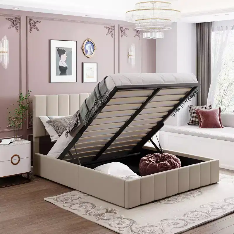 Pine Plywood Upholstered Queen Platform Bed with Hydraulic Storage System