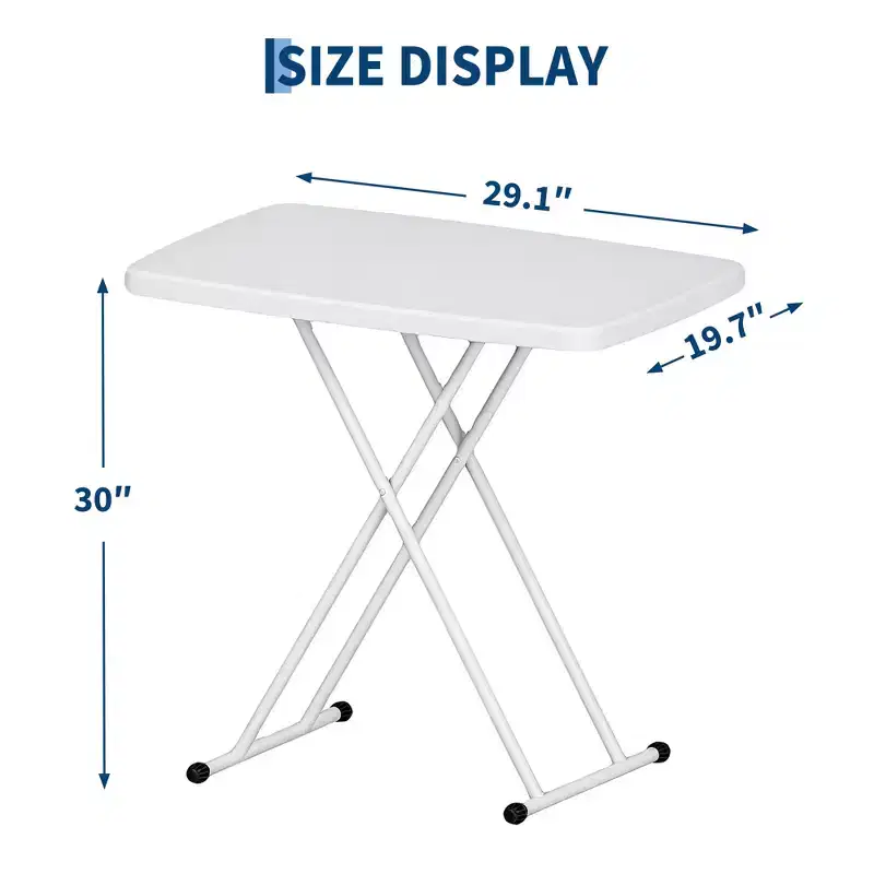 Adjustable Height Folding Table with Metal Frame, Rectangular Snack Laptop Table for Dorm Bedroom Living Room Camping, White