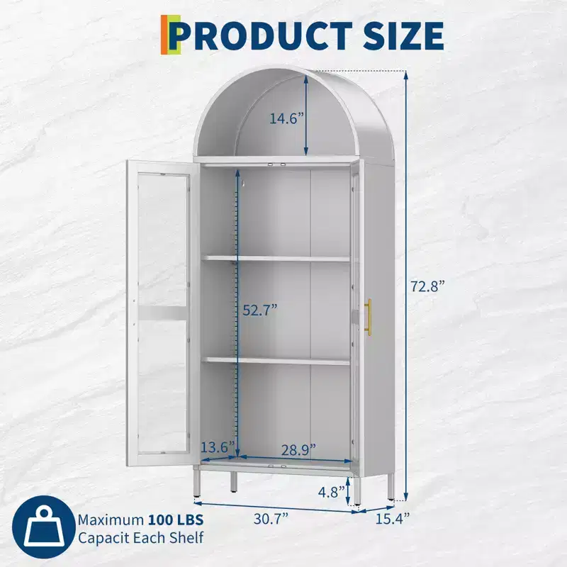 73 Modern Arched Metal Cabinet with Glass Doors & 2 Adjustable Shelves, Arch-Top Storage Unit for Pantry, Living & Dining Rooms