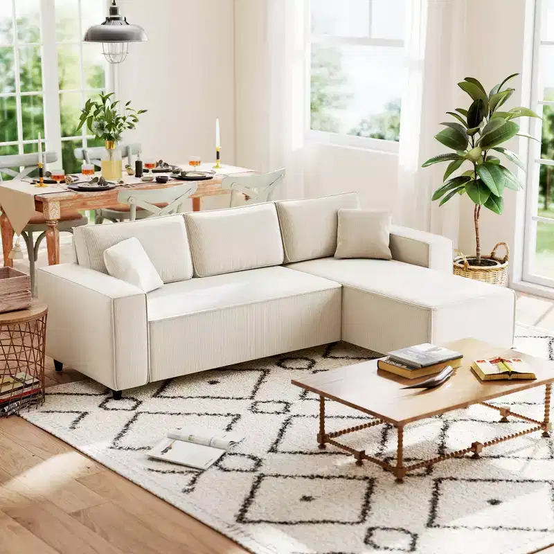 HOMCOM Sectional Sofa with Reversible Chaise, L-Shaped Corner Sofa Couch with Corduroy Fabric, Pocket Spring, 2 Pillows