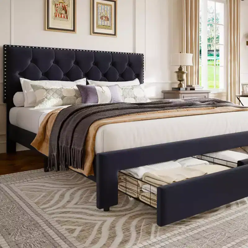 Bed Frame with 2 Storage Drawers,Vintage Velvet Headboard Wooden & Metal Bedframe,Wooden Slat Support, Noise Free, No Box Spring Needed
