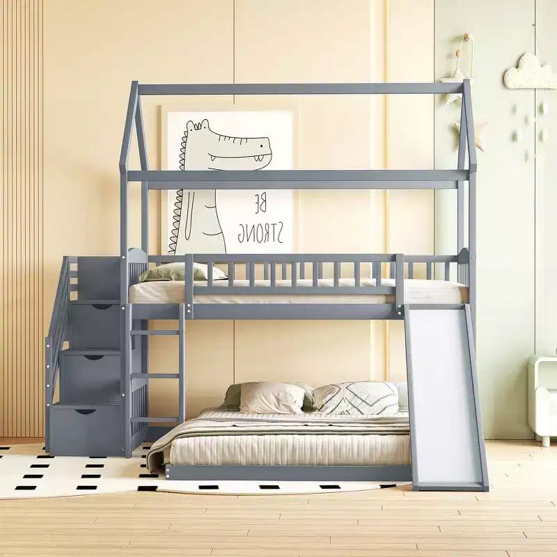 Twin Over Full Bunk Bed with Slide and Playhouse Design