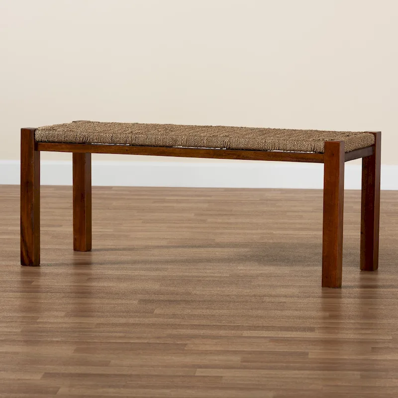 Mid-Century Transitional Bench with Woven Seagrass Seat and Mahogany Frame