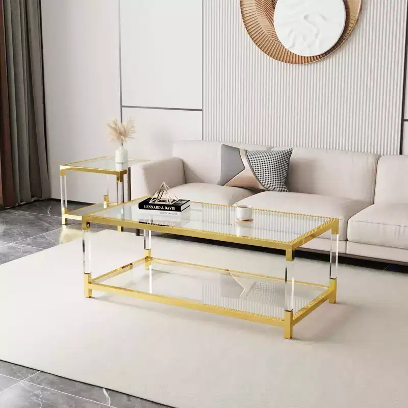 Modern Acrylic Legs Coffee Table, Double Layer Tempered Glass Top with Golden Metal Frame for Living Room Office