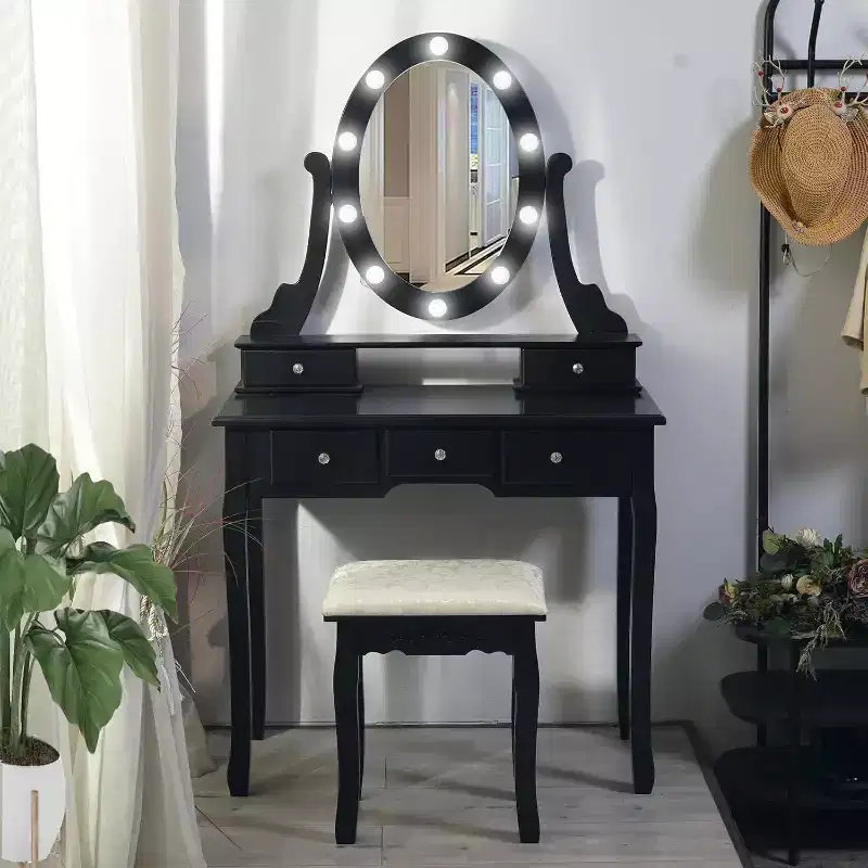Modern Makeup Vanity Desk LED Mirror, 5 Storage Drawers, Plush Stool, Convertible Design, Quick Assembly