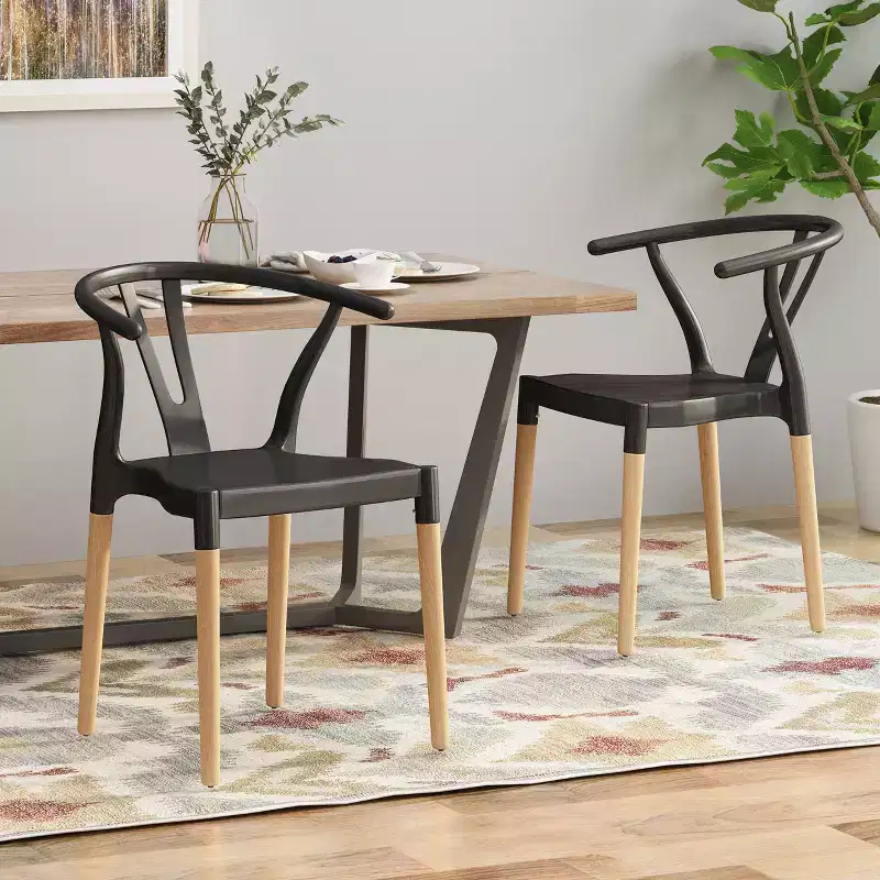 Okak Set of 2 Modern Dining Chairs, Fabric Dining Room Chairs, Upholstered Kitchen Side Chairs with Curved Backrest & Metal Frame