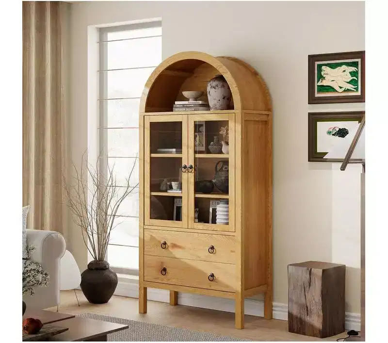 71 Display Arched Storage Cabinet, with Tempered Glass Doors, 2 Large Drawers, Adjustable Shelves, for Dining Room Kitchen- Natural
