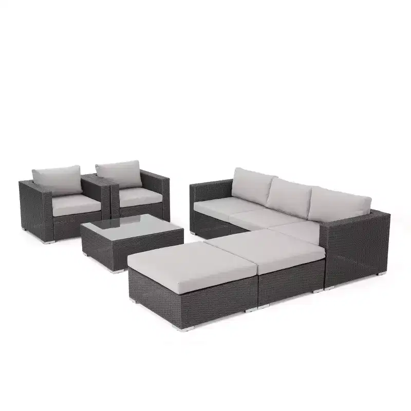Christopher Knight Home Penny 8 Piece Patio Rattan and Iron Furniture Conversation Set with Tempered Glass Coffee Table