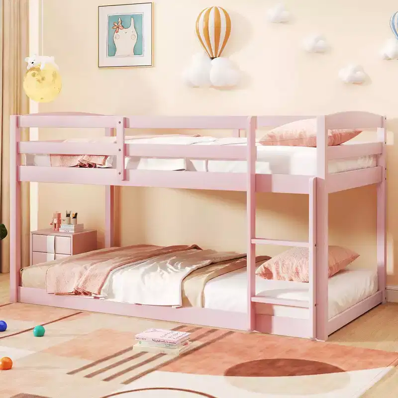Costway Twin over Twin Low Bunk Bed with Guardrails Integrated Ladder Kids Wooden Grey/White/Beige/Pink