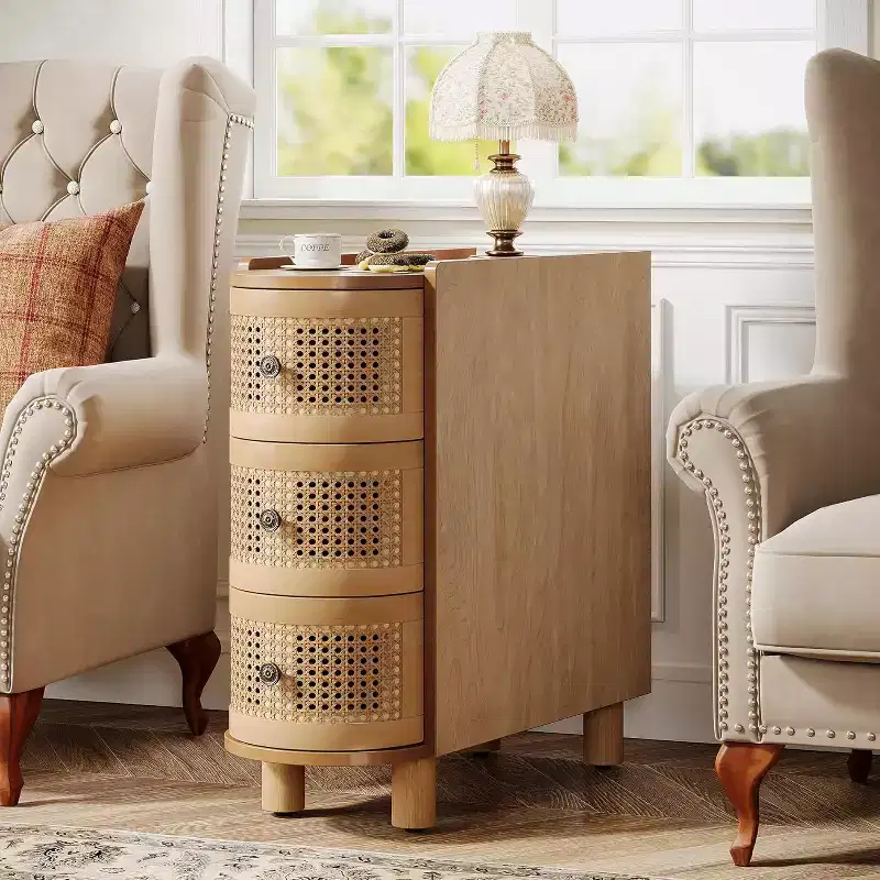 3-Drawer Rattan End Table, Slim Sofa Side Table with Vintage Embossed Handles, Oak Finish
