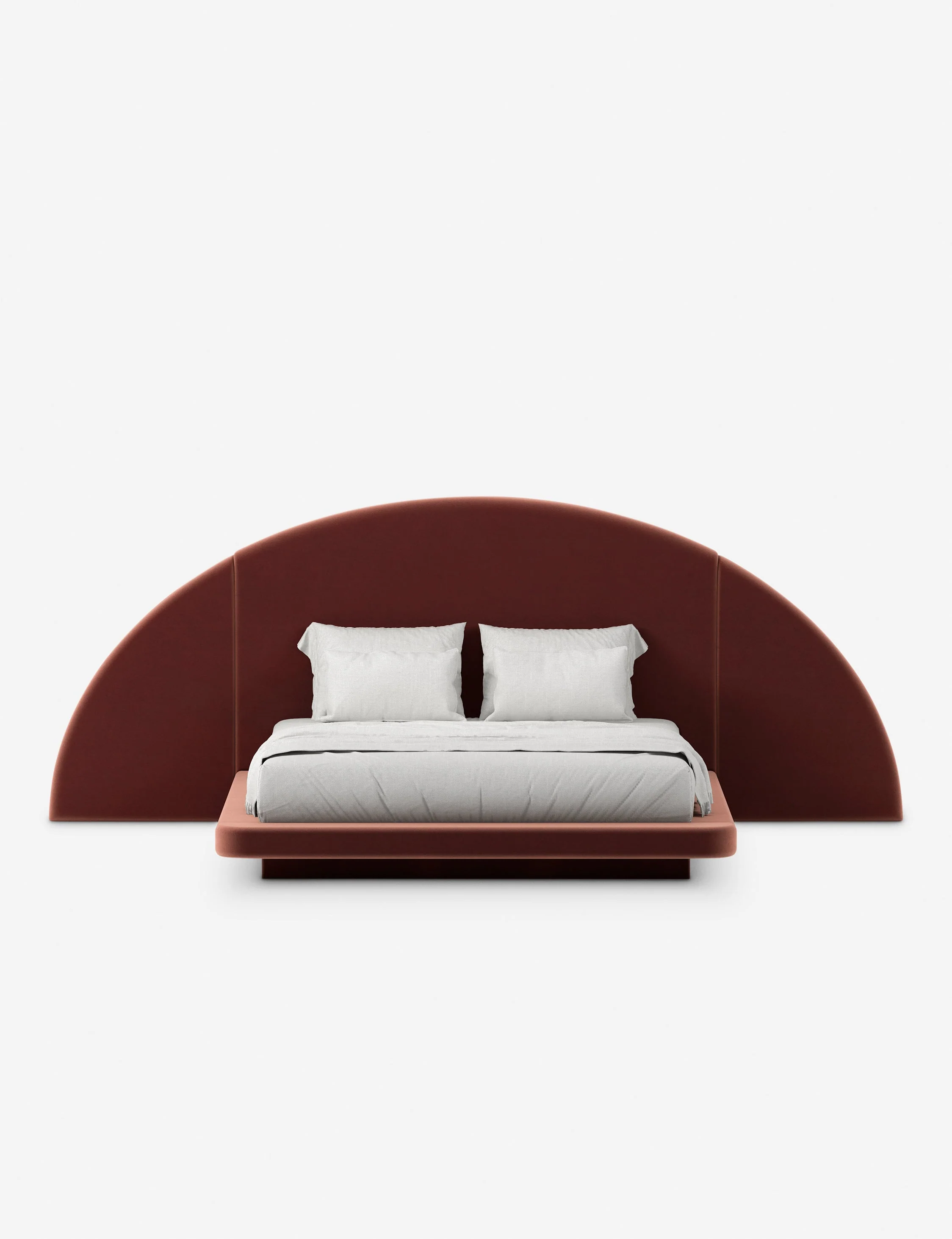 Half Moon Bed - The bed makes a bold statement with its sweeping half-moon headboard set against a low-profile base