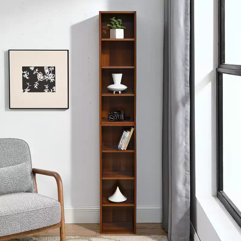 MAYEERTY 8 TierMedia Tower Rack Tall Narrow Bookcase Display Bookshelf with Adjustable Shelves for Home Living Room Walnut