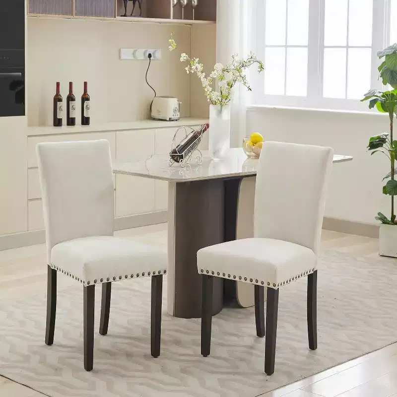 Set of 2 Upholstered Dining Chairs with Nailhead Trim, Parsons Dining Room Chairs with Wood Legs, Fabric Side Chairs for Kitchen