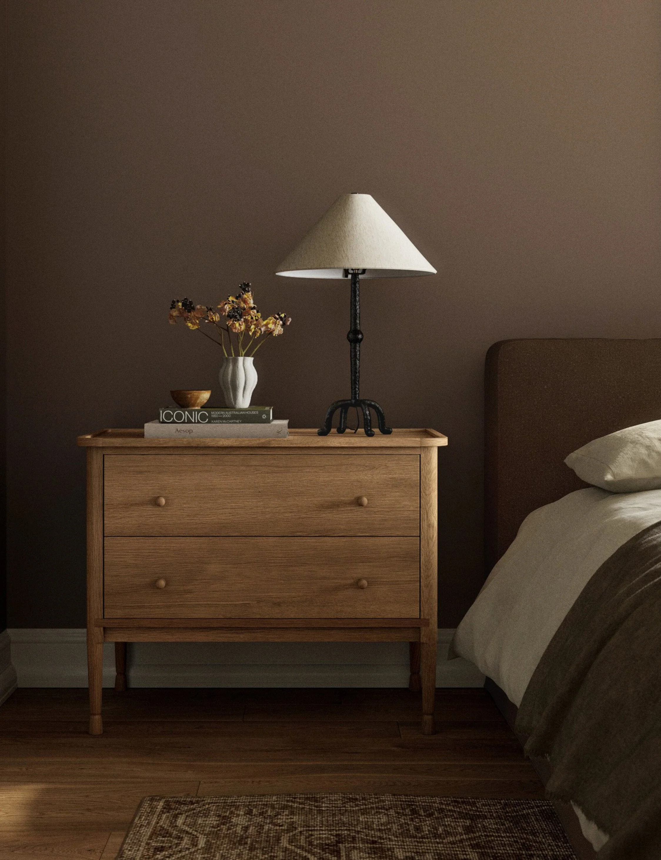 Nightstand x Classic, Storage A wide frame and classic lines give this large nightstand a grounded, timeless feel. Two roomy drawers offer