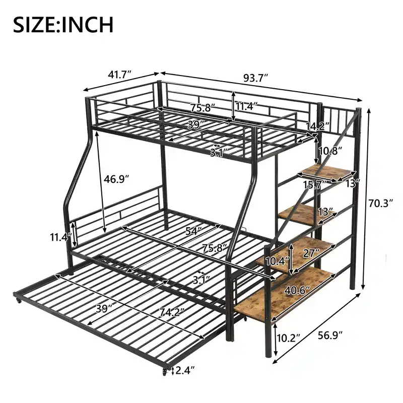 Twin over Full Bunk Bed with Trundle and Stairs, Heavy Duty Bunk Bed with Storage Staircase for Bedroom Dorm