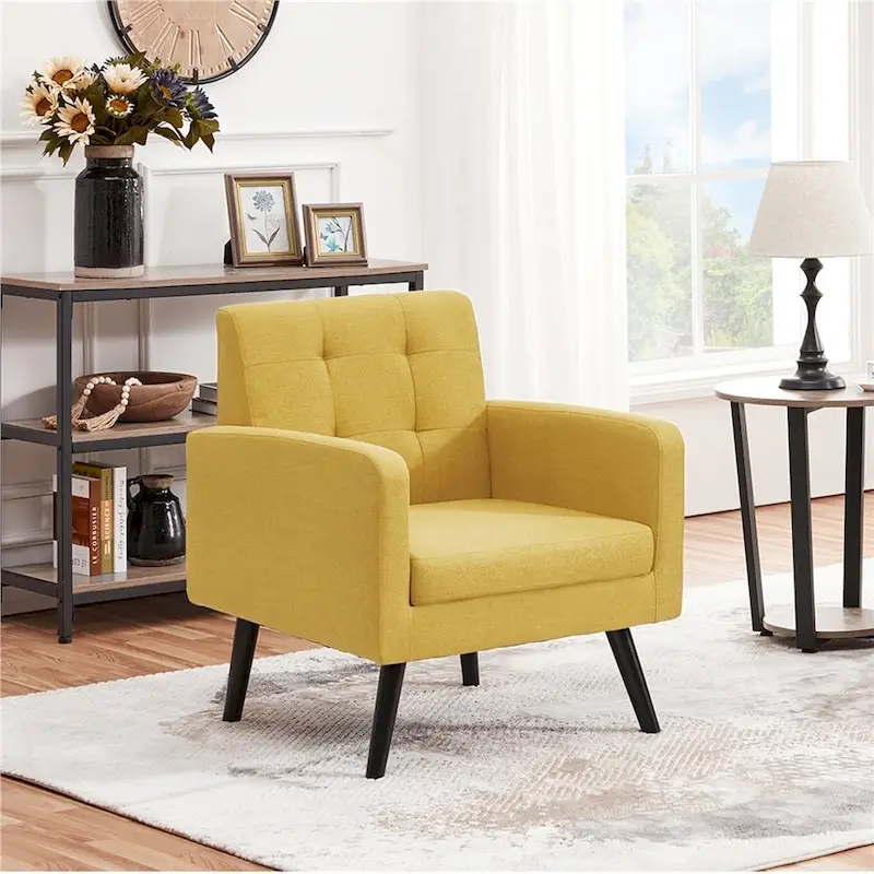 Yaheetech Mid Century Modern Fabric Arm Chair Tufted Accent Chair with Rubber Wooden Leg