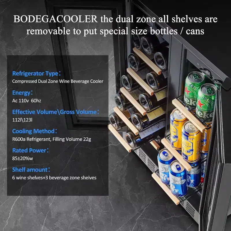 24-inch fridge,20 Bottles & 57 Cans,Double Glazed Glass Door Cooler,LED light,Adjustable shelves,LCD Screen Control,stainless steel handle