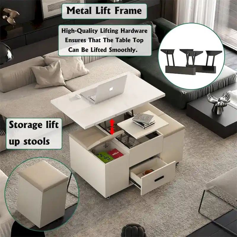 Modern Lift-Up Coffee Table with 4 Stools and 2 Drawers