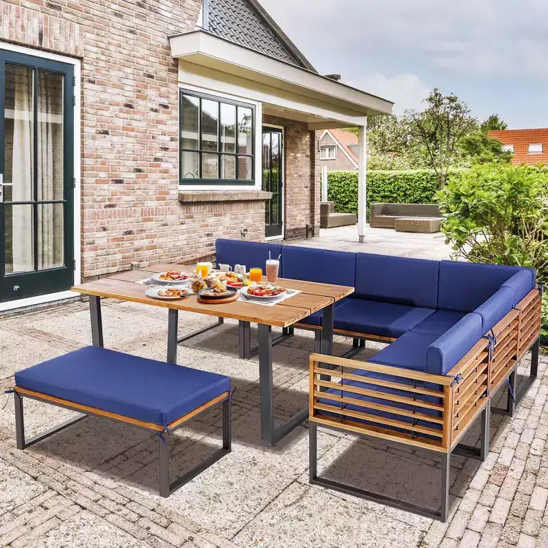 Costway 8pcs Patio Acacia Wood Dining Table & Ottoman Sofa Chair Set Outdoor Furniture