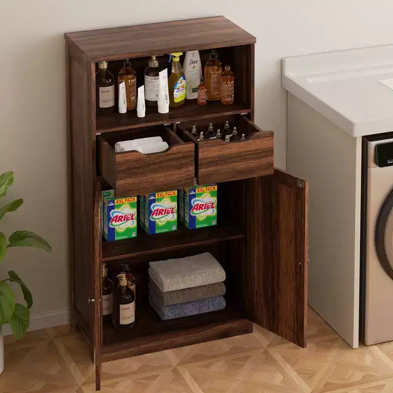 Freestanding Floor Bathroom Storage Cabinet with Doors, Drawers and Adjustable Shelf