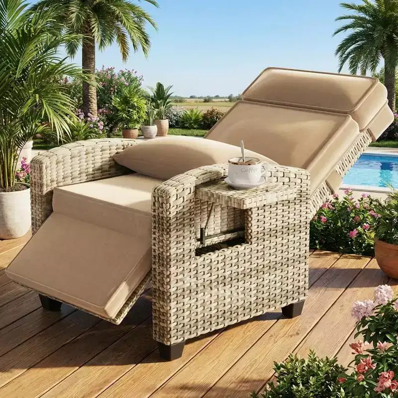 Outdoor Recliner Chair with 145 Adjustable Backrest & Footrest-All-Weather PE Wicker Lounge Chair with Cushion,Side Table for Poolside,Deck&Balcony