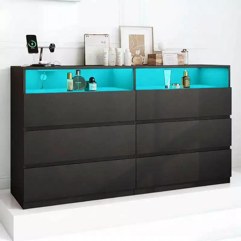 6-Drawer Double Dresser with Power Outlet & LED Lights, Wide Storage Chest with Open Shelving,Black