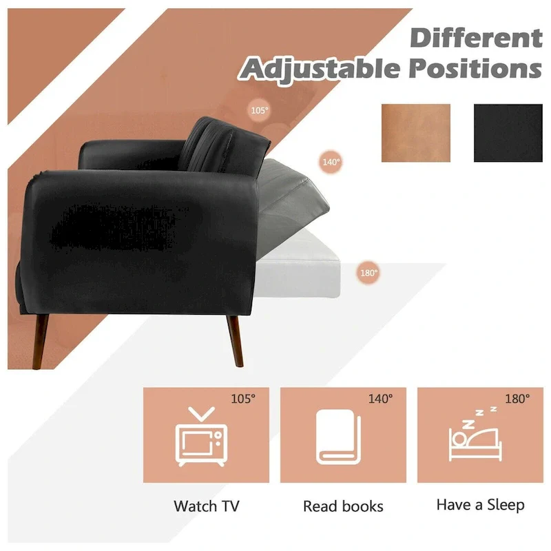 Convertible Sofa Bed with Adjustable Backrest and Faux Leather Upholstery