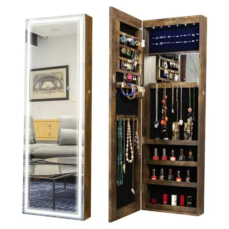 Wall Door Mounted Jewelry Cabinet with Lights, Lockable Jewelry Organizer Box, Hanging Jewelry Organizer with Large Storage Capacity