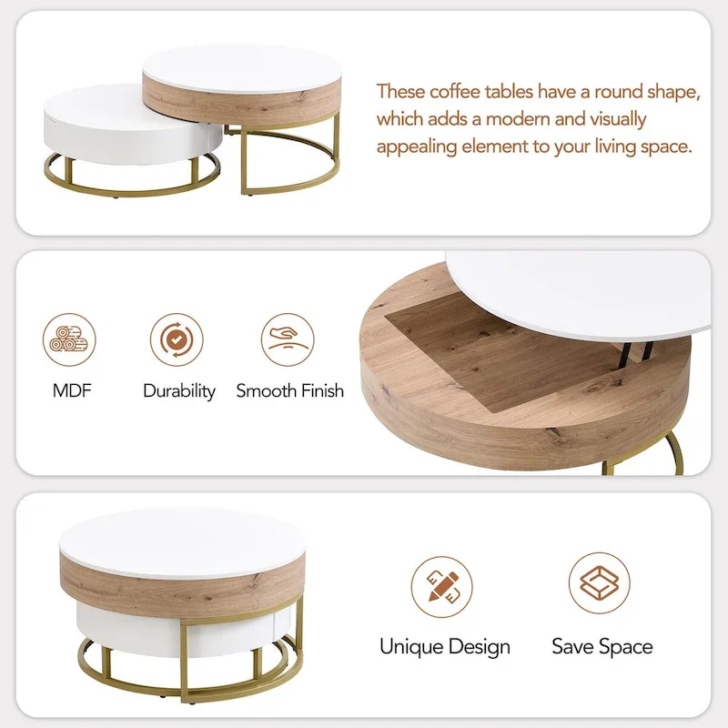 Modern Round Lift-top Nesting Coffee Tables with 2 Drawers White & Black