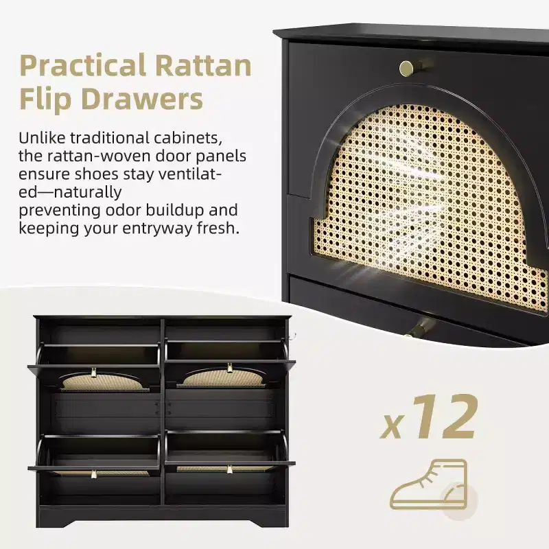 Mid-Century Entryway Shoe Cabinet with 4 Rattan Flip Drawers & Hooks