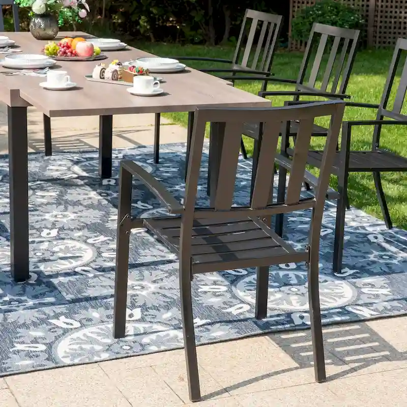MAISON ARTS 7/9-Pieces Patio Dining Set with Metal Rectangle Expandable Table and Metal Stackable Chairs