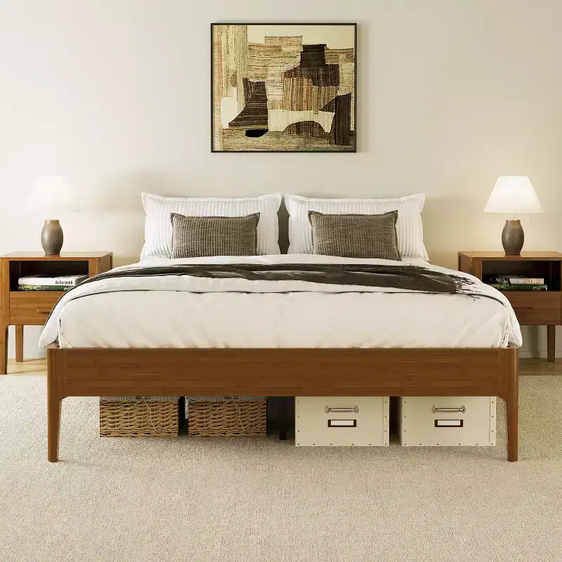 Polibi Solid Bamboo Platform Bed Frame with Metal Center Support & Underbed Storage