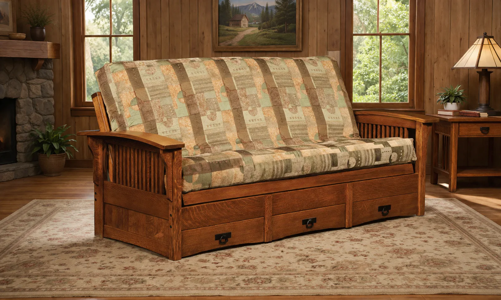 Solid Wood Mission Style Futon with Dovetailed Storage Drawers