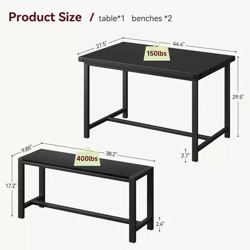 CuisinSmart Farmhouse Dining Table Set for 4 People, 44.4 Kitchen Table Set with 2 Benches, 3 Piece Rectangular Breakfast Table Set