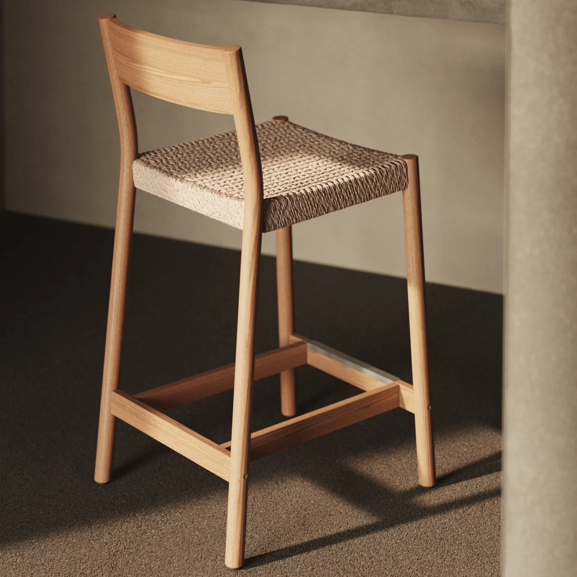 Rustic Natural Oak Barstool with Curved Back for Kitchen