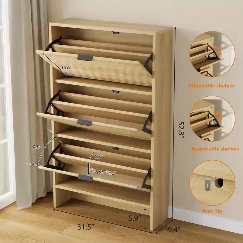 32 Wide Tall Fluted Shoe Storage Cabinet with 3 Flip Drawers, Freestanding Shoe Organizer for Entryway, Hallway and Home